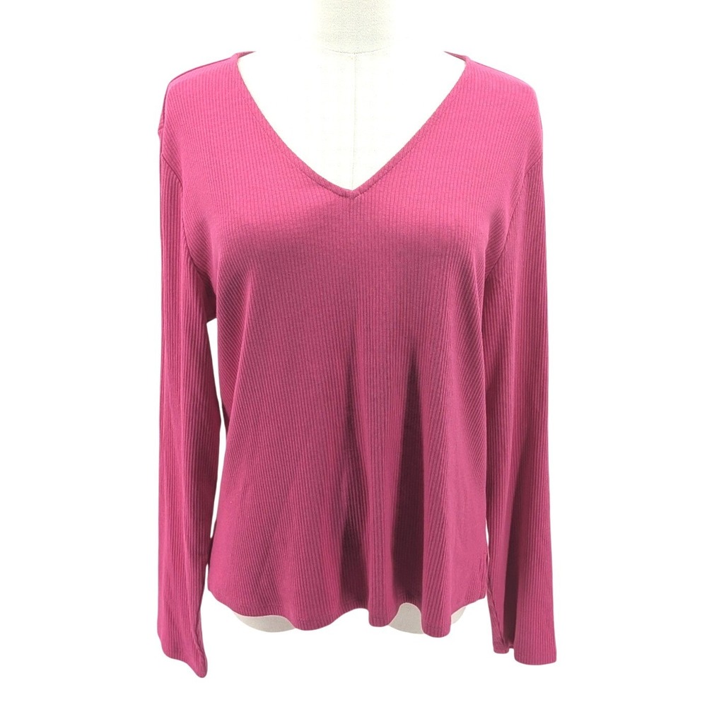 Garnet Hill Rib Knit V Neck Top Organic Cotton Modal Long Sleeve Pink L